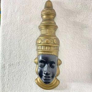 Black Ceramic Chalkware Decorative Face W Gold Headdress Wall Art
